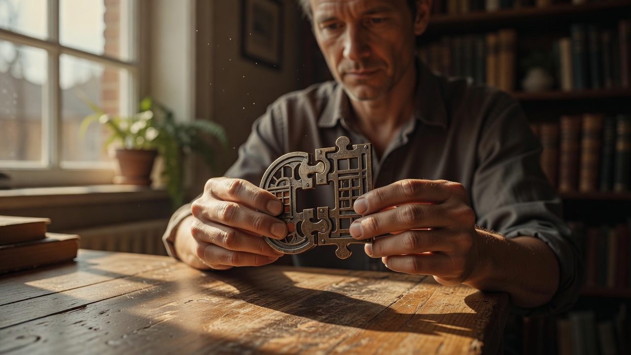Erwachsener an einem sonnigen Schreibtisch, der vorsichtig zwei Teile eines handtellergroßen Gussmetallpuzzles trennt