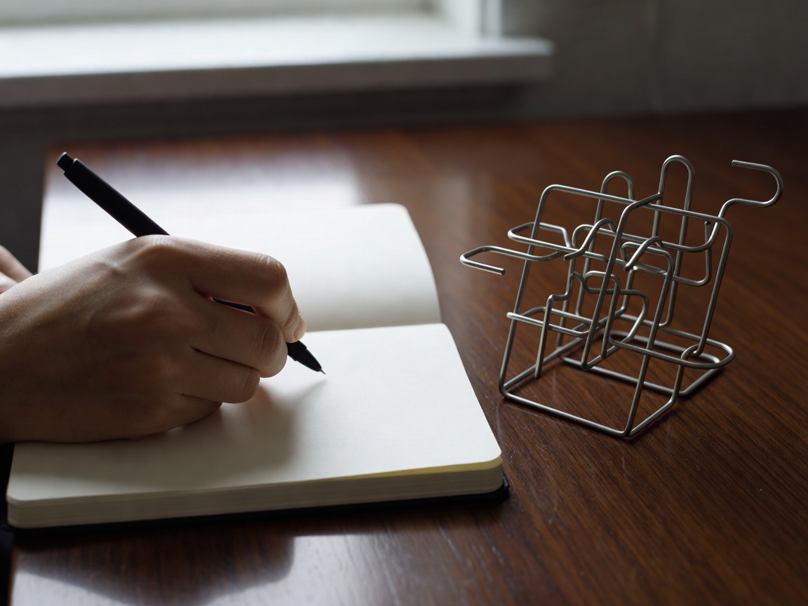 Hand writing notes in a notebook beside a wire puzzle on a desk lit by daylight
