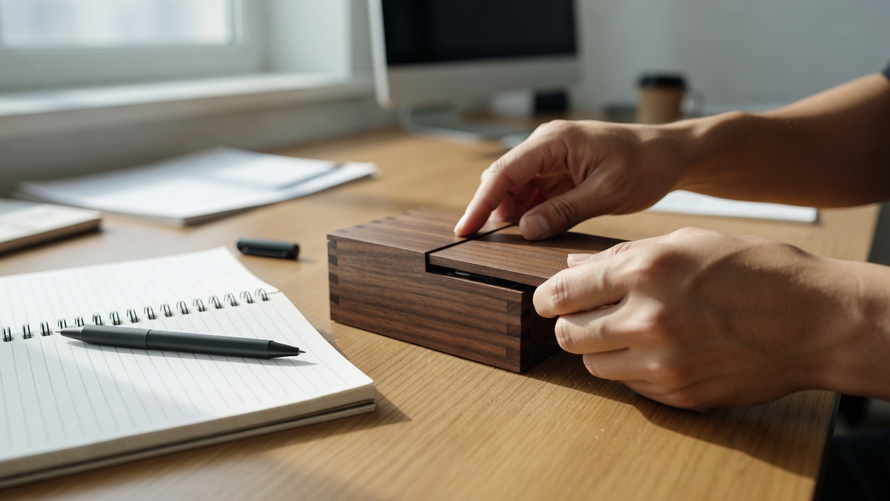 Hände schieben eine versteckte Platte an einer kleinen Holz-Puzzlebox an einem Büroschreibtisch, daneben Notizbuch und Stift