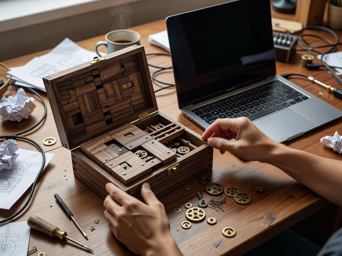 Ein mechanisches Holzpuzzle-Kästchen wird neben einem Laptop auf einem vollen Arbeitsschreibtisch geöffnet