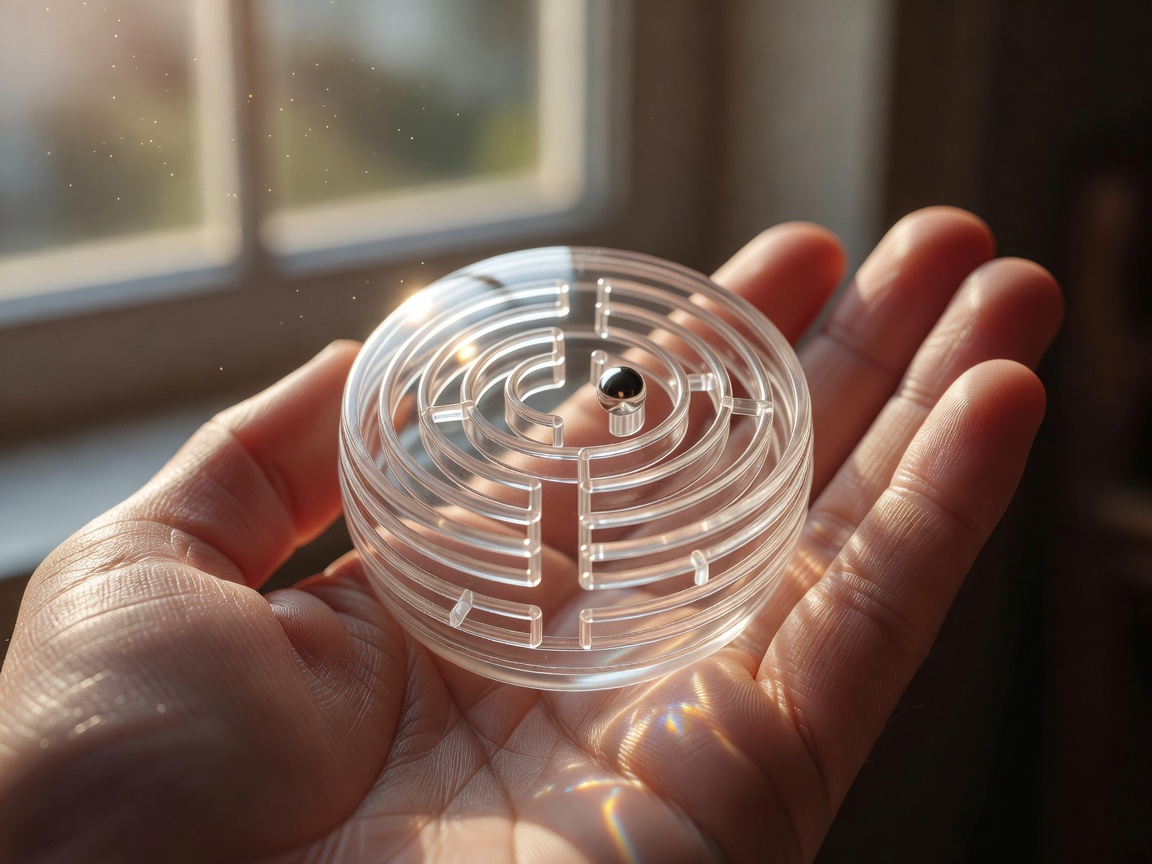 Kleines klares Kugel-im-Labyrinth-Puzzle liegt in einer offenen Handfläche im Nachmittagslicht am Fenster