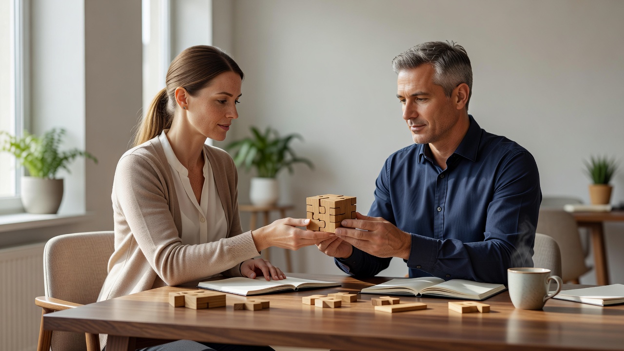 Two adults at a shared desk passing a small wooden puzzle between them in natural daylight