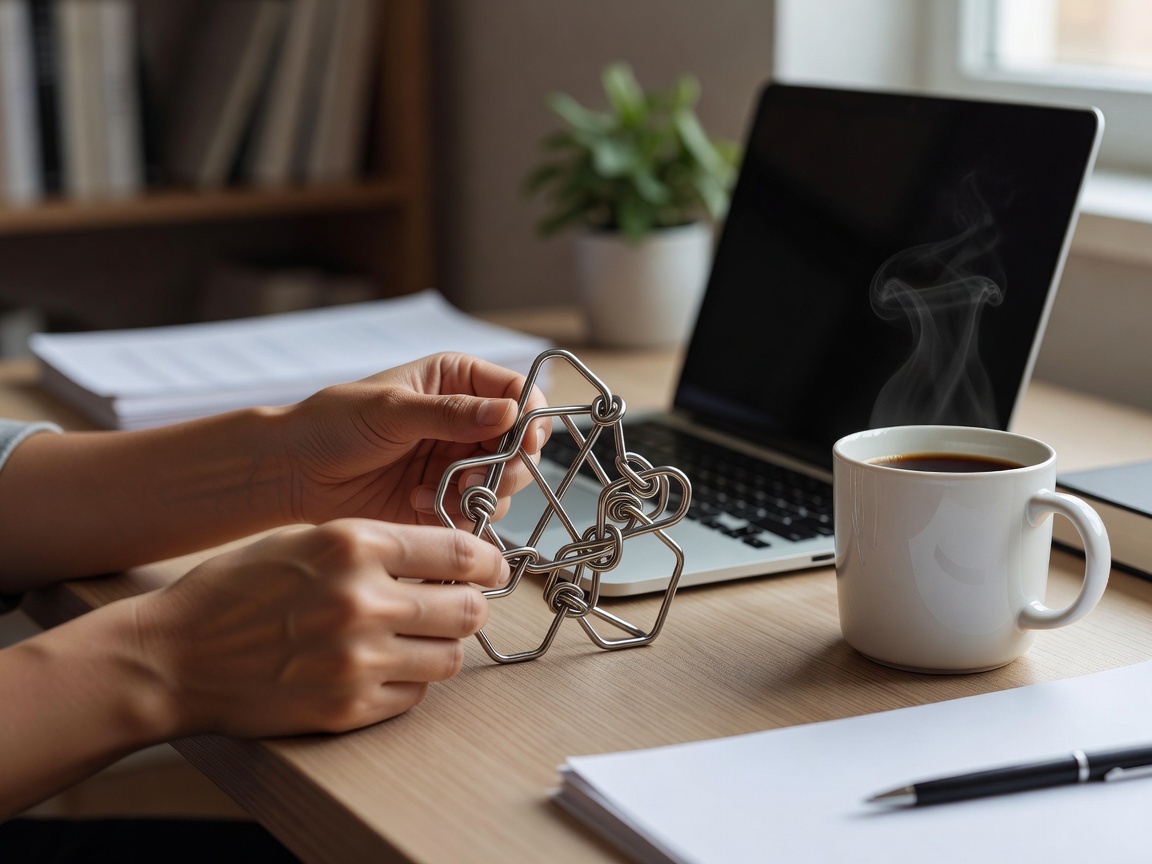 Person hält ein Stahldraht-Entwirrpuzzle neben einer Kaffeetasse auf einem Heimbüro-Schreibtisch