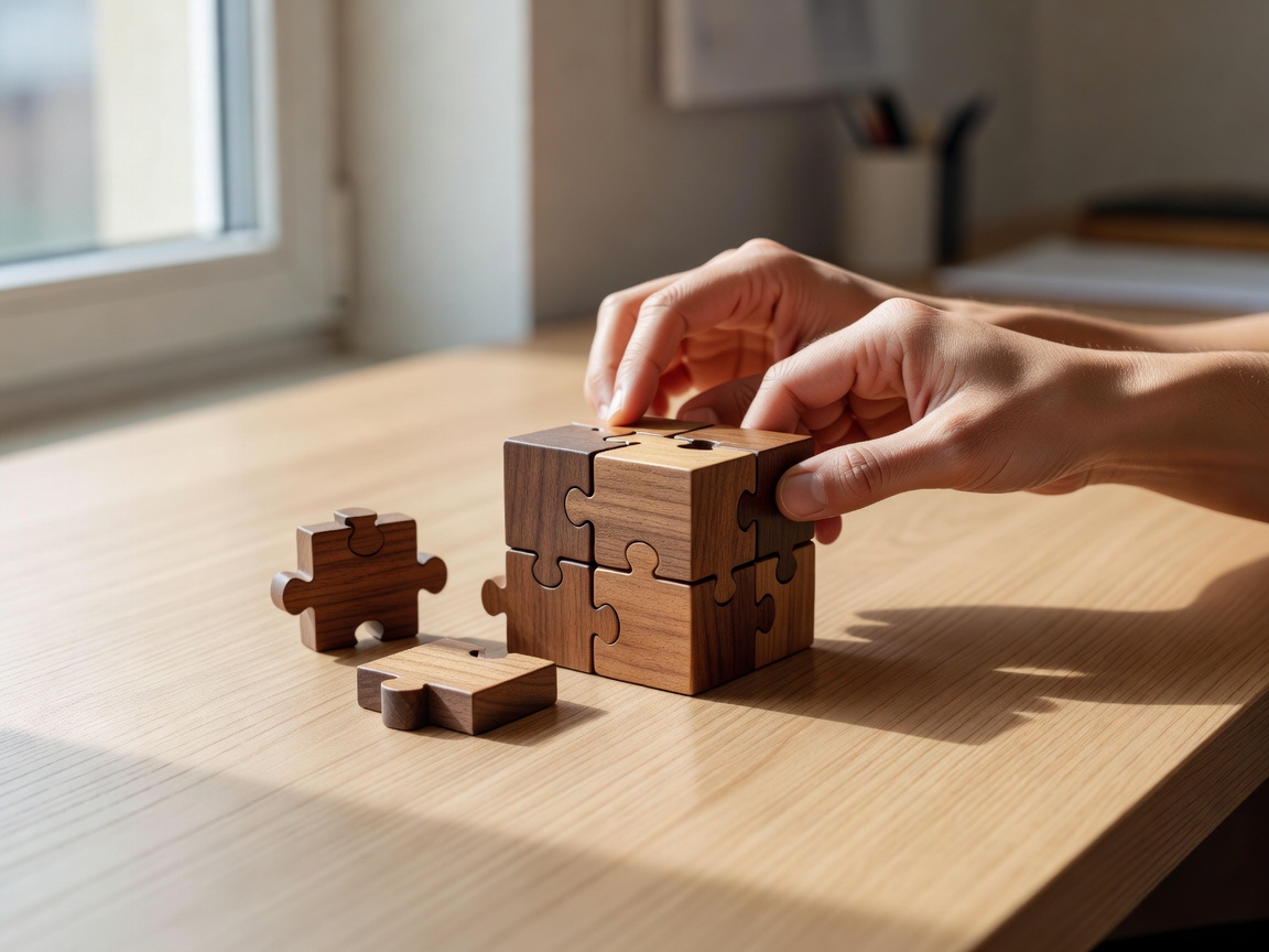 Hände setzen ein sechsteiliges Holz-Burr-Puzzle auf einem schlichten Büroschreibtisch nahe einem Fenster zusammen